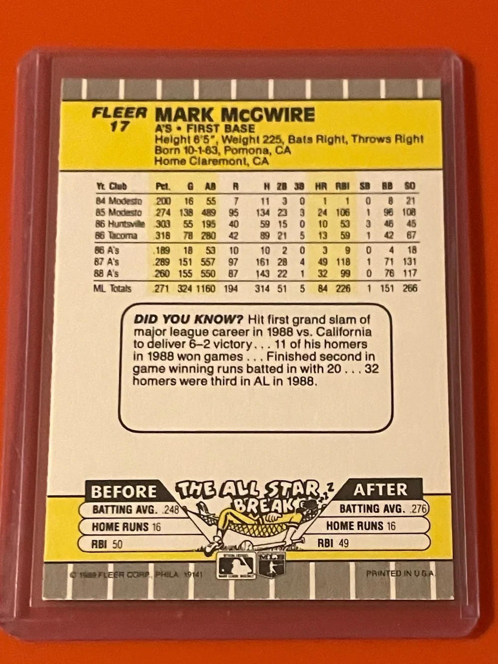 Mark McGwire #17 1989 Fleer Baseball Trading Card